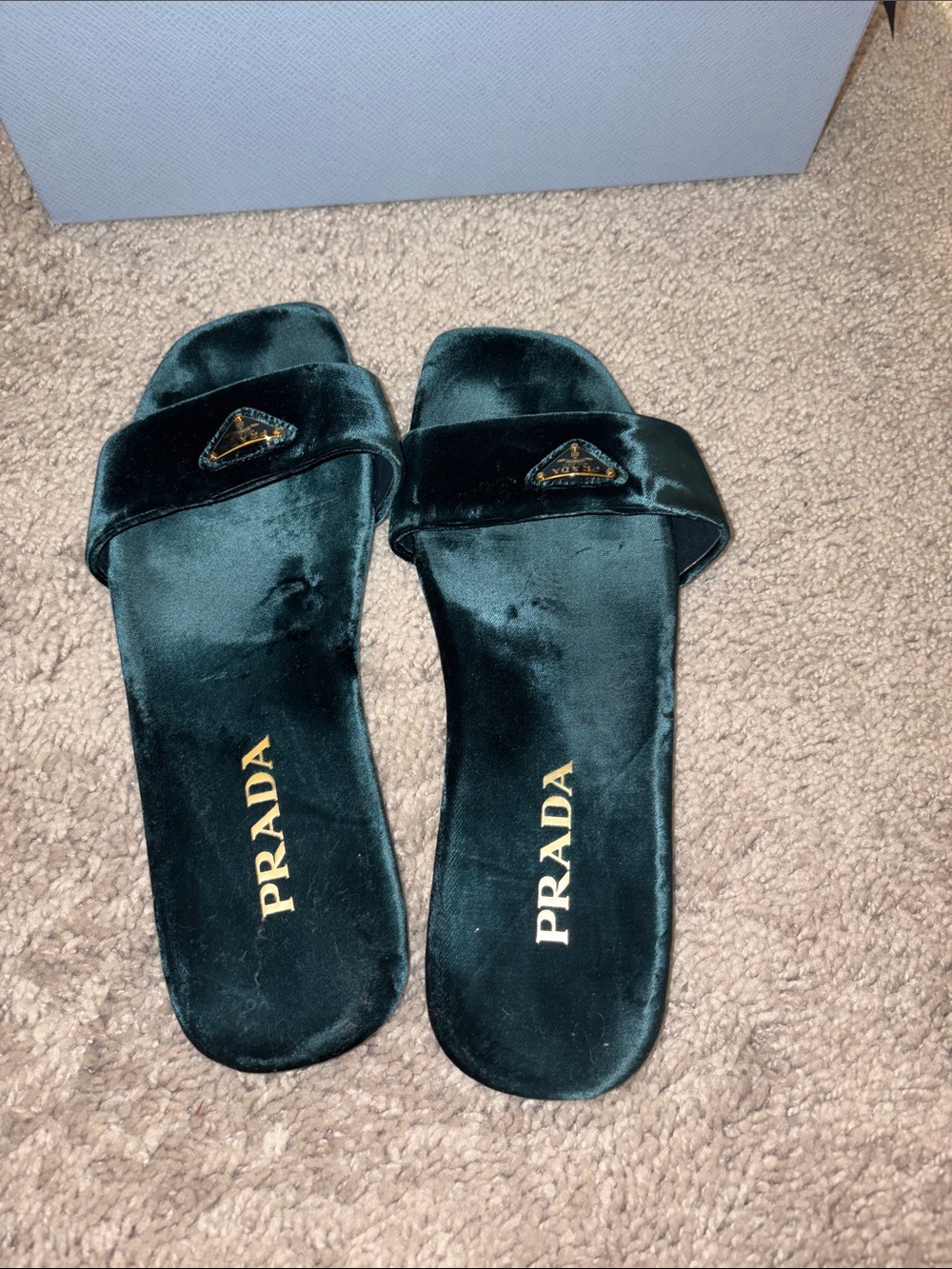 Prada Velvet Slide Sandals — Dark Green with Gold Logo